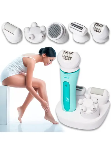 Women's 5-in-1 Compact Waterproof Epilator with 5 Nozzles, Rechargeable Comfort Grip Epilator with Accessories V-751 - Pink