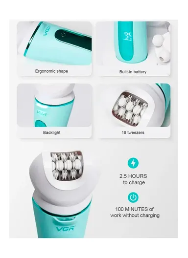 Women's 5-in-1 Compact Waterproof Epilator with 5 Nozzles, Rechargeable Comfort Grip Epilator with Accessories V-751 - Pink