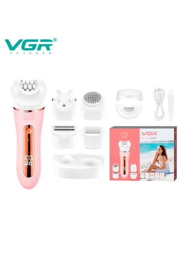 Women's 5-in-1 Compact Waterproof Epilator with 5 Nozzles, Rechargeable Comfort Grip Epilator with Accessories V-751 - Pink