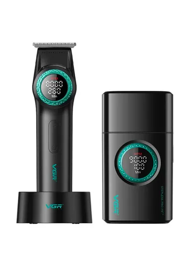 Professional Rechargeable Hair Trimmer &amp; Shaver Combo Set, Adjustable Taper Lever Hair Trimmer with LED Display &amp; Stainless Steel Blade V-977 &amp; V-377 - Black