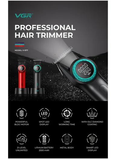 Professional Rechargeable Hair Trimmer &amp; Shaver Combo Set, Adjustable Taper Lever Hair Trimmer with LED Display &amp; Stainless Steel Blade V-977 &amp; V-377 - Black