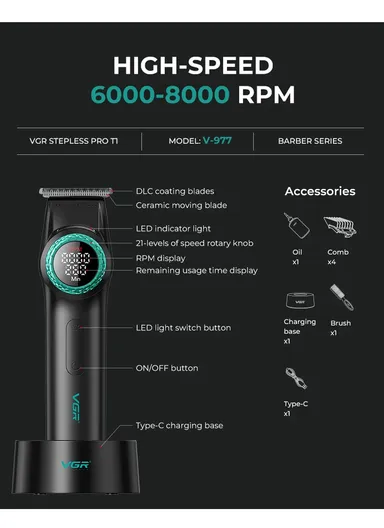 Professional Rechargeable Hair Trimmer &amp; Shaver Combo Set, Adjustable Taper Lever Hair Trimmer with LED Display &amp; Stainless Steel Blade V-977 &amp; V-377 - Black