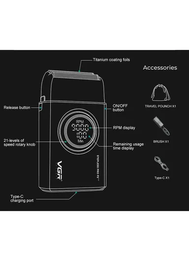 Professional Rechargeable Hair Trimmer &amp; Shaver Combo Set, Adjustable Taper Lever Hair Trimmer with LED Display &amp; Stainless Steel Blade V-977 &amp; V-377 - Black