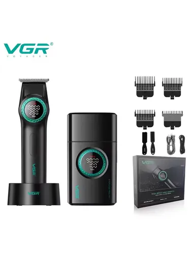 Professional Rechargeable Hair Trimmer &amp; Shaver Combo Set, Adjustable Taper Lever Hair Trimmer with LED Display &amp; Stainless Steel Blade V-977 &amp; V-377 - Black