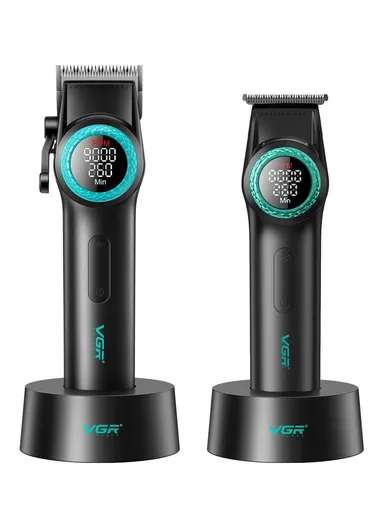 2PCS Professional Cordless Hair Clipper &amp; Trimmer Set, Adjustable Taper Lever Hair Clipper with LED Display &amp; Accessories V-001 &amp; V-977 - Black