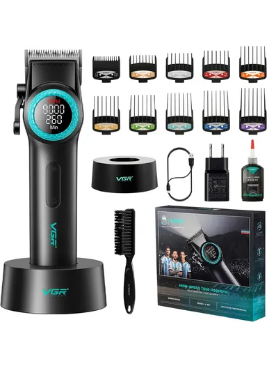 2PCS Professional Cordless Hair Clipper &amp; Trimmer Set, Adjustable Taper Lever Hair Clipper with LED Display &amp; Accessories V-001 &amp; V-977 - Black