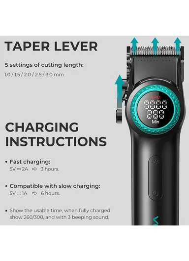 2PCS Professional Cordless Hair Clipper &amp; Trimmer Set, Adjustable Taper Lever Hair Clipper with LED Display &amp; Accessories V-001 &amp; V-977 - Black