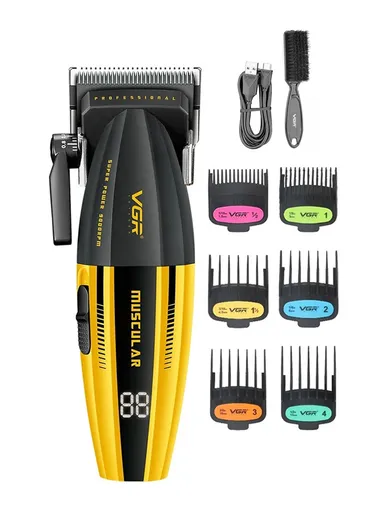 Professional Rechargeable Corded &amp; Cordless Hair Clipper, Ceramic Blades Hair Clipper with LED Display &amp; Guiding Comb V-285 - Black &amp; Gold