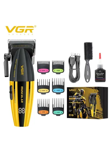 Professional Rechargeable Corded &amp; Cordless Hair Clipper, Ceramic Blades Hair Clipper with LED Display &amp; Guiding Comb V-285 - Black &amp; Gold