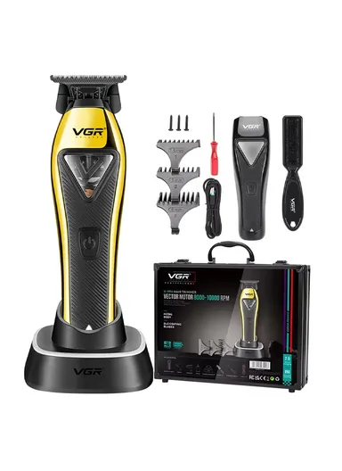 Professional Cordless Hair Trimmer, Rechargeable DLC T-Blade Zero Gap Metal Body Hair Trimmer with Charging Base Included &amp; Accessories V-994 - Black