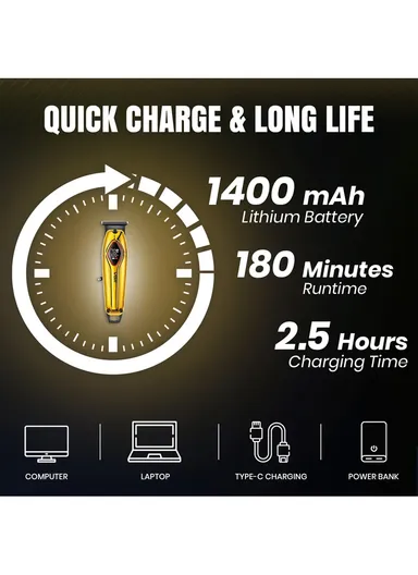 Professional Rechargeable Hair Trimmer with Digital Display, Ceramic Blade Hair Trimmer with Guide Comb V-945 - Gold