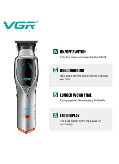 Professional Rechargeable Hair Clipper, Cordless Electric Sharp Blade Hair Clipper with LED Power Display V-187 - Silver