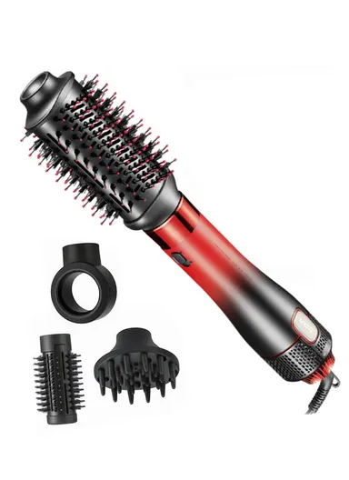 Professional 4-in-1 Hot Air Brush, 1000-1100W, 4 Styling Heads (Diffuser, Concentrator, Round &amp; Oval Brushes) V-484 - Red