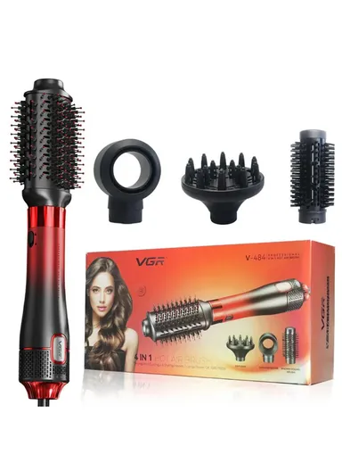 Professional 4-in-1 Hot Air Brush, 1000-1100W, 4 Styling Heads (Diffuser, Concentrator, Round &amp; Oval Brushes) V-484 - Red
