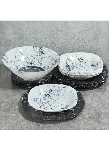 19Pcs Marble-Style Glass Dinnerware Set, Tempered Glass, Microwave Safe, Black &amp; White - V3830