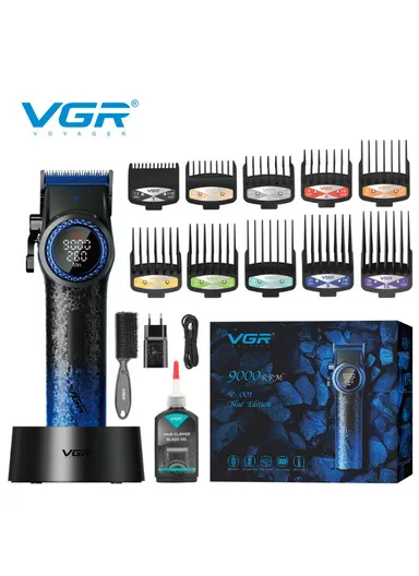 Professional Cordless Hair Clippers &amp; Trimmers Set with Zero Gap T-Blade, High-Density Carbon Steel Blades Hair Clipper &amp; Trimmer with Digital Display &amp; Lever Lock V-001 - Blue