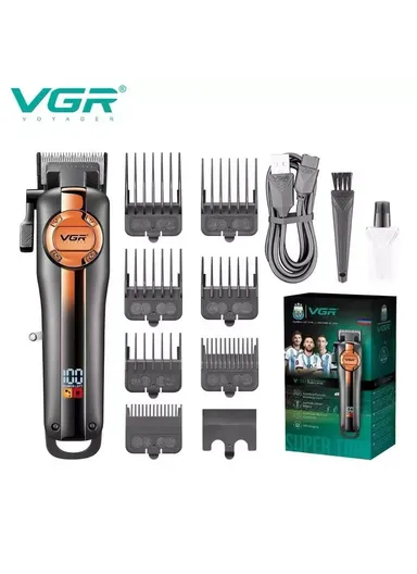 Professional CORDLESS Hair Clipper with LED Display, Adjustable Taper Lever Hair Clipper with Stainless Steel Blade &amp; Guide Comb V-141 - Black