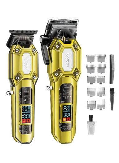Professional Hair Clipper &amp; Trimmer Set with LED Display, Ceramic &amp; Stainless Steel Blades, USB Type-C Charging V-600 &amp; V-900 – Gold
