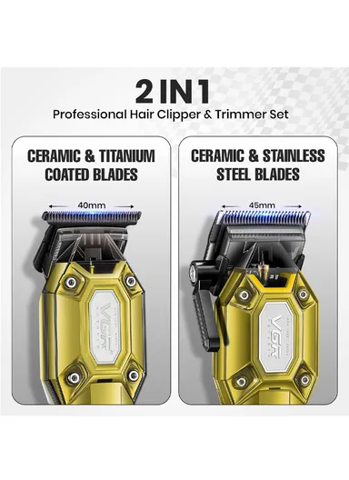 Professional Hair Clipper &amp; Trimmer Set with LED Display, Ceramic &amp; Stainless Steel Blades, USB Type-C Charging V-600 &amp; V-900 – Gold