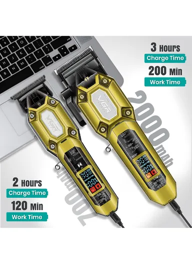 Professional Hair Clipper &amp; Trimmer Set with LED Display, Ceramic &amp; Stainless Steel Blades, USB Type-C Charging V-600 &amp; V-900 – Gold