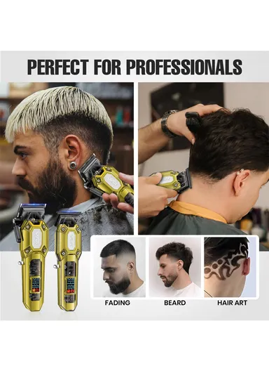 Professional Hair Clipper &amp; Trimmer Set with LED Display, Ceramic &amp; Stainless Steel Blades, USB Type-C Charging V-600 &amp; V-900 – Gold