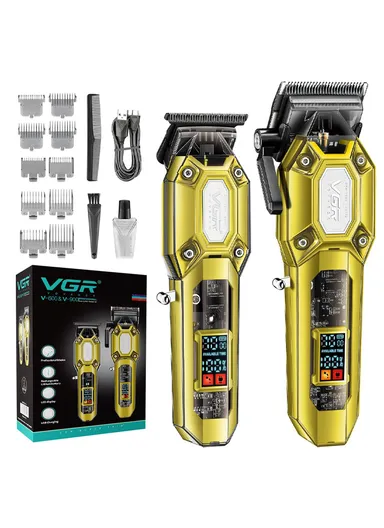 Professional Hair Clipper &amp; Trimmer Set with LED Display, Ceramic &amp; Stainless Steel Blades, USB Type-C Charging V-600 &amp; V-900 – Gold