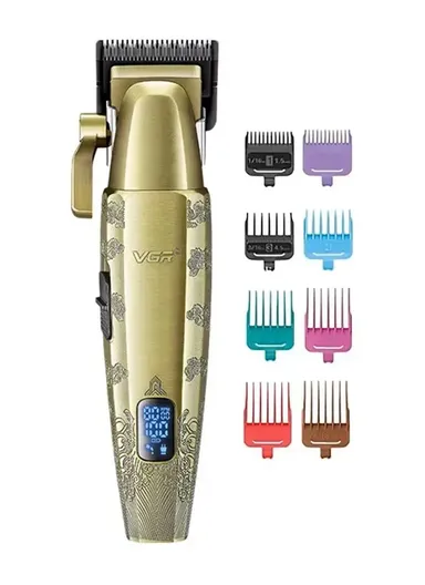 Rechargeable Professional Hair Clipper with Battery Indicator, Metal Body Hair Clipper with Guide Comb V-036 - Gold