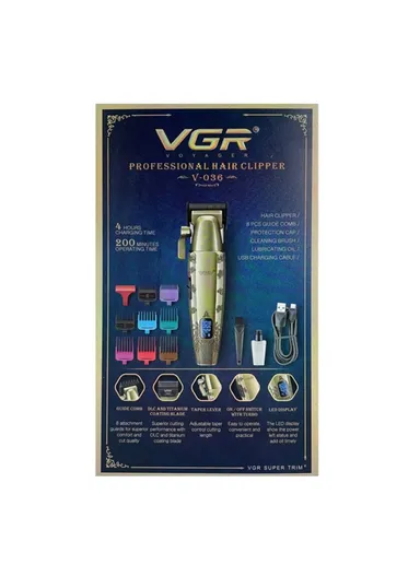 Rechargeable Professional Hair Clipper with Battery Indicator, Metal Body Hair Clipper with Guide Comb V-036 - Gold