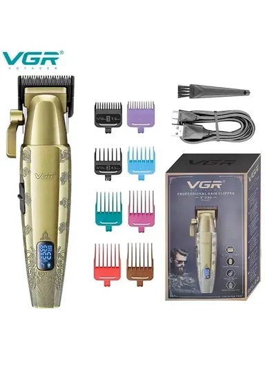 Rechargeable Professional Hair Clipper with Battery Indicator, Metal Body Hair Clipper with Guide Comb V-036 - Gold