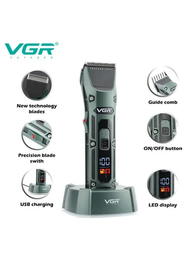 Professional Rechargeable Cordless Hair Clipper with Charging Base , Ceramic &amp; Powder Metallurgy Blades Hair Clipper with LED Battery Display V-696