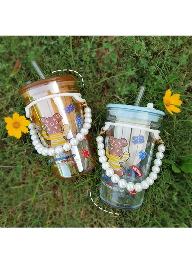 450ml Hot &amp; Cold Sport Glass Cup With Straw &amp; Lid ZB103H 