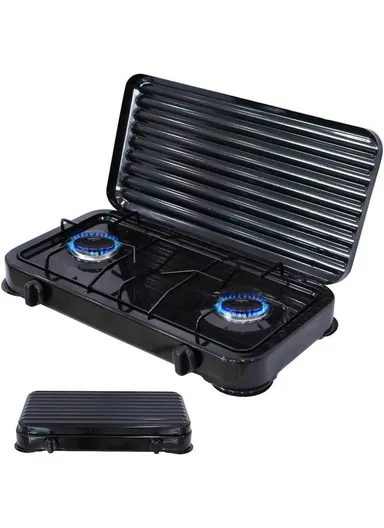 18-Inch Electric Powered Gas Cooktop Stove with Cover, Cast Iron &amp; Ceramic Surface Kitchen Stove KD5073 - Black