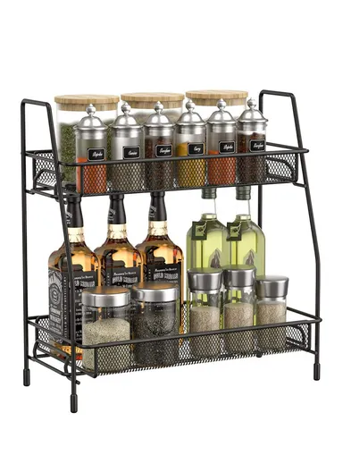 2-Tier Bathroom Countertop Organiser Cosmetic &amp; Makeup Storage, Kitchen Spice Rack Standing Shelf (L36 x W17 x H33)cm - Black