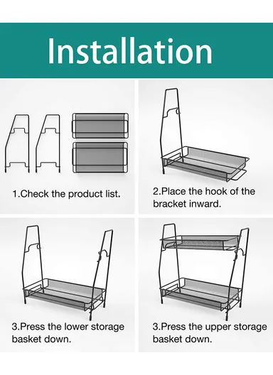 2-Tier Bathroom Countertop Organiser Cosmetic &amp; Makeup Storage, Kitchen Spice Rack Standing Shelf (L36 x W17 x H33)cm - Black