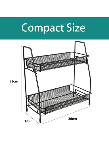 2-Tier Bathroom Countertop Organiser Cosmetic &amp; Makeup Storage, Kitchen Spice Rack Standing Shelf (L36 x W17 x H33)cm - Black