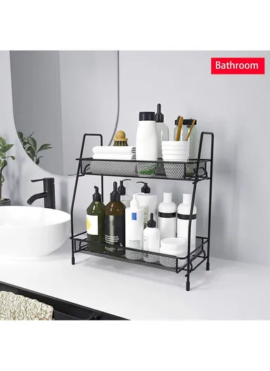 2-Tier Bathroom Countertop Organiser Cosmetic &amp; Makeup Storage, Kitchen Spice Rack Standing Shelf (L36 x W17 x H33)cm - Black