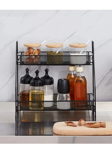 2-Tier Bathroom Countertop Organiser Cosmetic &amp; Makeup Storage, Kitchen Spice Rack Standing Shelf (L36 x W17 x H33)cm - Black