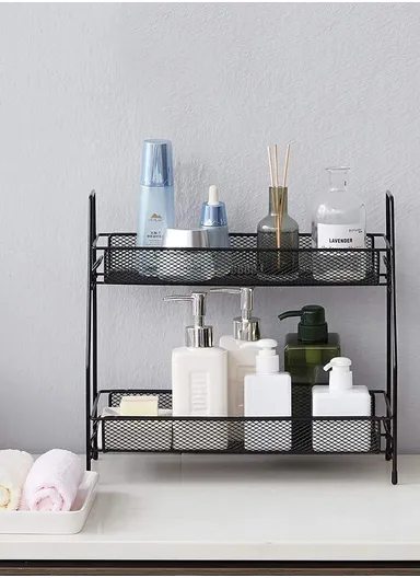 2-Tier Bathroom Countertop Organiser Cosmetic &amp; Makeup Storage, Kitchen Spice Rack Standing Shelf (L36 x W17 x H33)cm - Black