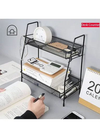 2-Tier Bathroom Countertop Organiser Cosmetic &amp; Makeup Storage, Kitchen Spice Rack Standing Shelf (L36 x W17 x H33)cm - White