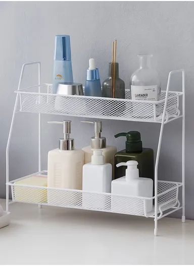 2-Tier Bathroom Countertop Organiser Cosmetic &amp; Makeup Storage, Kitchen Spice Rack Standing Shelf (L36 x W17 x H33)cm - White