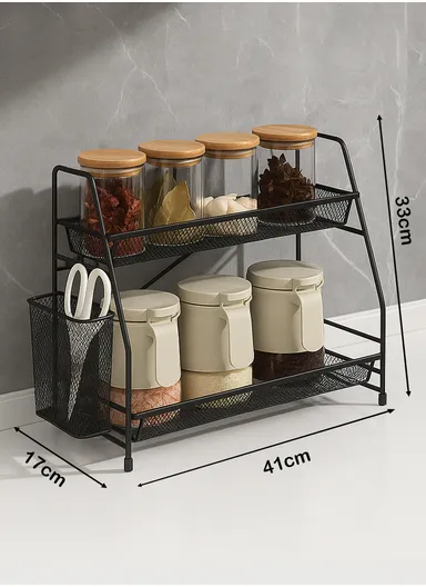 2-Tier Bathroom Shelf, Stainless Steel Spice Organizer for Kitchen Countertop, Metal Holder for Office Coffee Station (L41 x W17 x H33) cm - Black