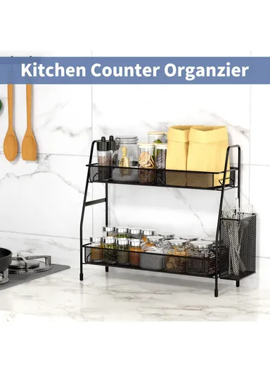 2-Tier Bathroom Shelf, Stainless Steel Spice Organizer for Kitchen Countertop, Metal Holder for Office Coffee Station (L41 x W17 x H33) cm - Black