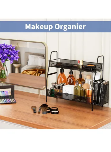 2-Tier Bathroom Shelf, Stainless Steel Spice Organizer for Kitchen Countertop, Metal Holder for Office Coffee Station (L41 x W17 x H33) cm - Black