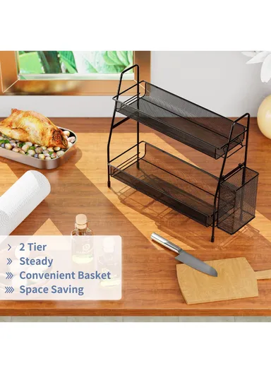 2-Tier Bathroom Shelf, Stainless Steel Spice Organizer for Kitchen Countertop, Metal Holder for Office Coffee Station (L41 x W17 x H33) cm - Black