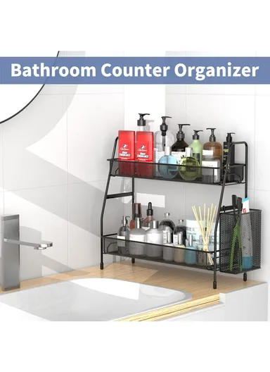 2-Tier Bathroom Shelf, Stainless Steel Spice Organizer for Kitchen Countertop, Metal Holder for Office Coffee Station (L41 x W17 x H33) cm - Black