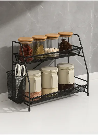 2-Tier Bathroom Shelf, Stainless Steel Spice Organizer for Kitchen Countertop, Metal Holder for Office Coffee Station (L41 x W17 x H33) cm - Black