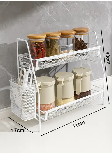 2-Tier Bathroom Shelf, Stainless Steel Spice Organizer for Kitchen Countertop, Metal Holder (L41 x W17 x H33) cm - White