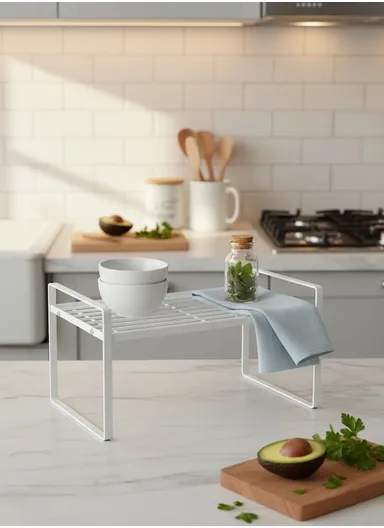 Iron Storage Rack, Multi-Use Countertop Organizer Shelf for Kitchen, Bathroom &amp; Office (W51 × D20.6 × H24)cm – White