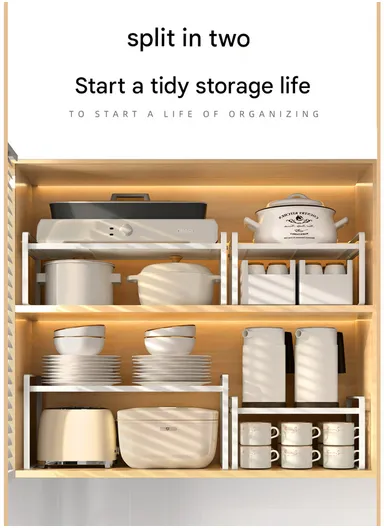 Iron Storage Rack, Multi-Use Countertop Organizer Shelf for Kitchen, Bathroom &amp; Office (W51 × D20.6 × H24)cm – White