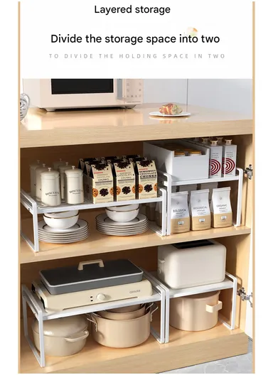 Iron Storage Rack, Multi-Use Countertop Organizer Shelf for Kitchen, Bathroom &amp; Office (W51 × D20.6 × H24)cm – White